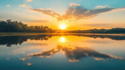 Wall Mural - The sun is setting over a lake, casting a warm glow on the water