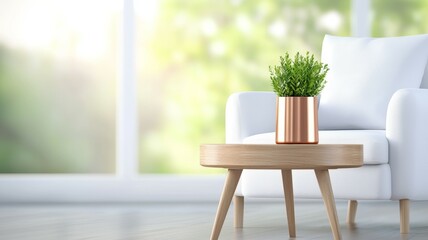 A white chair sits in front of a wooden coffee table with a potted plant on top