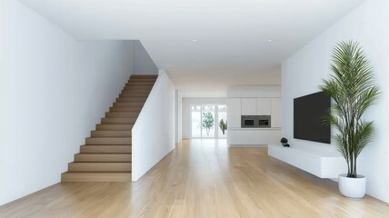 Canvas Print - A large open living room with a wooden staircase leading up to the second floor