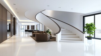 Wall Mural - A large, white staircase leads to a living room with a couch and a potted plant