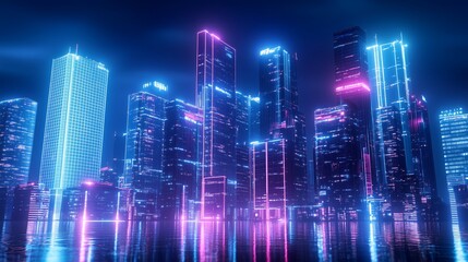 Poster - A vibrant city skyline illuminated by neon lights, showcasing modern skyscrapers reflecting on the water at night