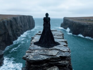 Sticker - woman in black dress standing on rocky cliff overlooking the ocean