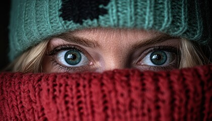 Wall Mural - Mysterious eyes peeking out from behind a red scarf