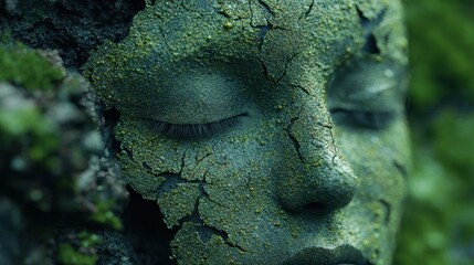 Wall Mural - Mossy stone face with closed eye