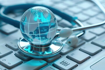 Stethoscope resting on a computer keyboard with a blue digital globe, symbolizing global healthcare and technology connection