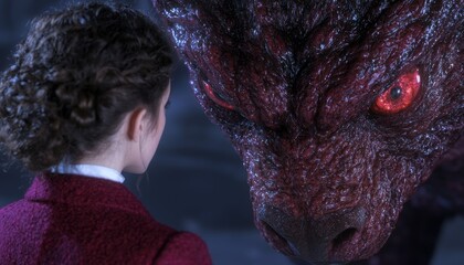 Poster - a young person facing a monstrous creature with glowing red eyes