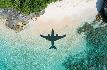 Sticker - aerial view of a tropical beach with a plane silhouette