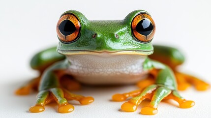 A bright green tree frog with large eyes, sitting on a white background.