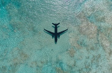 Wall Mural - Airplane silhouette over crystal clear ocean