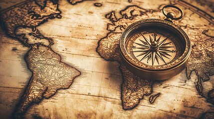 Nostalgic World Exploration: Vintage Sepia Map with Compass in Golden Hour Light