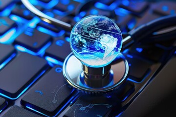 Stethoscope resting on a computer keyboard with a blue digital globe, symbolizing global healthcare and technology connection