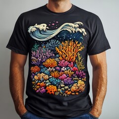 Canvas Print - A vibrant coral reef design on a black t-shirt featuring waves and colorful corals.