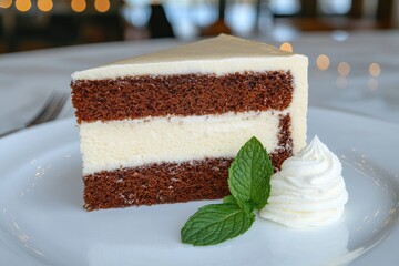 Wall Mural - Delicious layered chocolate cake with mint garnish