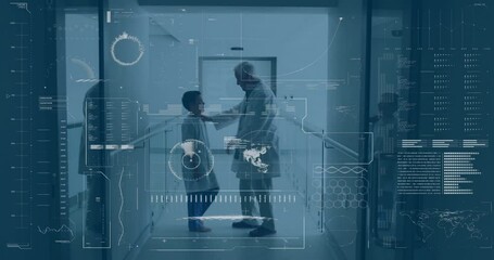 Canvas Print - Animation of data processing and diagrams over caucasian male doctor with young patient