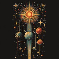 Poster - A vibrant cosmic illustration featuring the sun, planets, and stars in a stellar design.