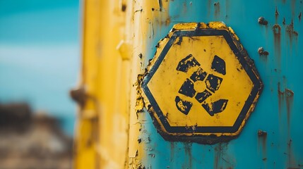 Hazardous Materials Warning Sign on Radioactive Waste Storage Container long title The close up view showcases a prominently displayed hazardous