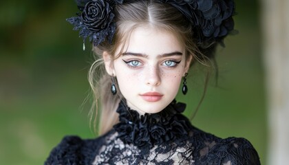 Poster - Mysterious woman in black lace dress and floral headpiece