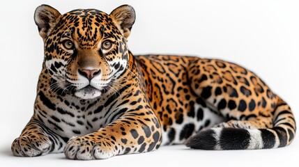 Wall Mural - A jaguar with rosette spots, lying down on a white background.