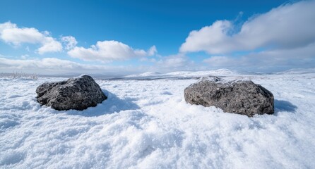 Poster - Snowy winter landscape with rocky outcrops