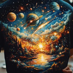 Wall Mural - A vibrant cosmic scene depicting planets, stars, and a serene landscape on a shirt.