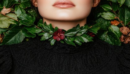 Wall Mural - Closeup of a person's face surrounded by lush green leaves and a red flower