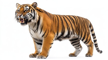 Wall Mural - A side profile of a tiger roaring, with detailed fur and stripes, on a white background.