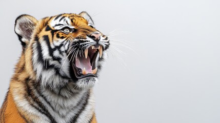 Poster - A side profile of a tiger roaring, with detailed fur and stripes, on a white background.