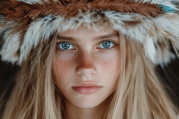 Canvas Print - Captivating portrait of a young woman with striking blue eyes and freckles, wearing a fur-trimmed hood