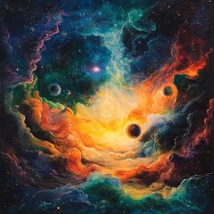 Poster - A vibrant cosmic scene with swirling colors, planets, and a glowing center.