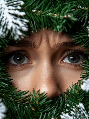 Sticker - Mysterious eyes peeking through snowy pine branches