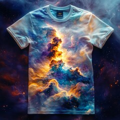 Poster - A vibrant cosmic-themed t-shirt featuring a colorful nebula design.