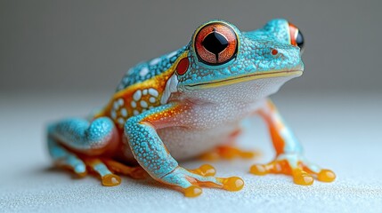 A tiny exotic frog with bright colors, sitting on a white background, ready to jump.