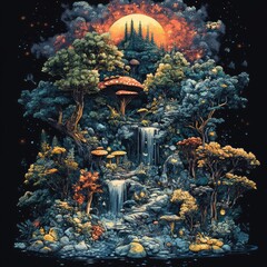 Sticker - A vibrant fantasy landscape with waterfalls, mushrooms, and a glowing sunset.