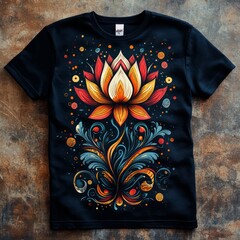 Poster - A vibrant floral design featuring a lotus on a black t-shirt.