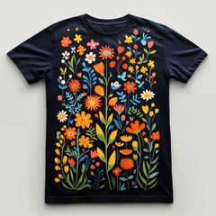 Poster - A vibrant floral design on a navy blue t-shirt, showcasing colorful flowers and foliage.