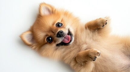 Adorable Pomeranian Puppy Playfully Posing with Wide Eyes on White Background