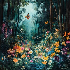 Canvas Print - A vibrant forest scene filled with colorful flowers and butterflies, evoking tranquility and beauty.