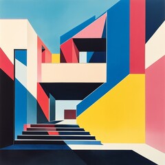 Canvas Print - A vibrant geometric composition featuring colorful architectural forms and layered perspectives.