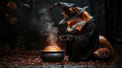 A mystical fox in a witch's hat brews a magical potion in a cauldron, surrounded by a dark, enchanted forest.