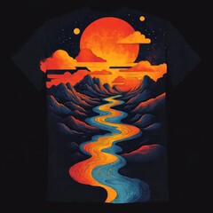 Wall Mural - A vibrant graphic design featuring a river flowing through mountains under a large sun.