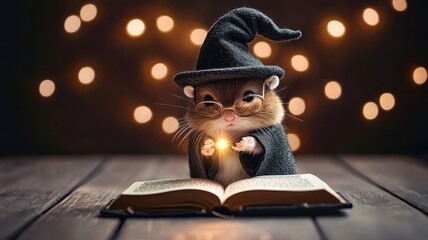 A whimsical hamster wearing a wizard hat and glasses, casting magic from an open book with soft glowing lights in the background.