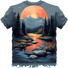 Canvas Print - A vibrant graphic t-shirt design featuring a serene mountain landscape at sunset.