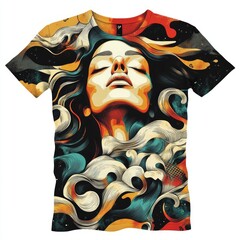 Wall Mural - A vibrant graphic t-shirt design featuring a woman with flowing hair and abstract elements.