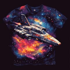 Poster - A vibrant graphic t-shirt featuring a spaceship in a colorful cosmic background.