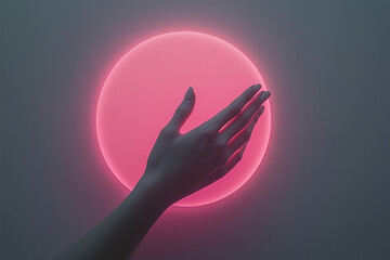 Hand reaching for a glowing pink orb in a dark room, surreal and minimalist artistic concept
