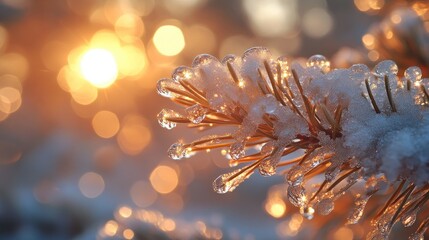 Wall Mural - Frost-covered pine branch glistening in warm sunlight.