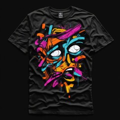 Wall Mural - A vibrant graphic t-shirt featuring an expressive face design with bold colors.