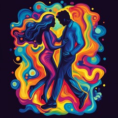 Sticker - A vibrant illustration of a couple dancing, surrounded by colorful abstract swirls.