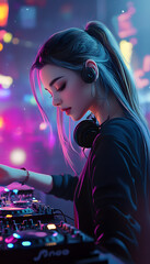 A young and beautiful female DJ performing , Photo realistic