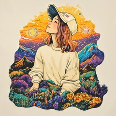 Wall Mural - A vibrant illustration of a woman in nature, surrounded by colorful landscapes and flowers.